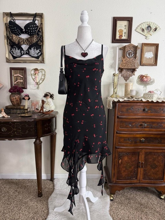 Dresses & Skirts - Romantic girly grunge cherry print black cowl neck dress